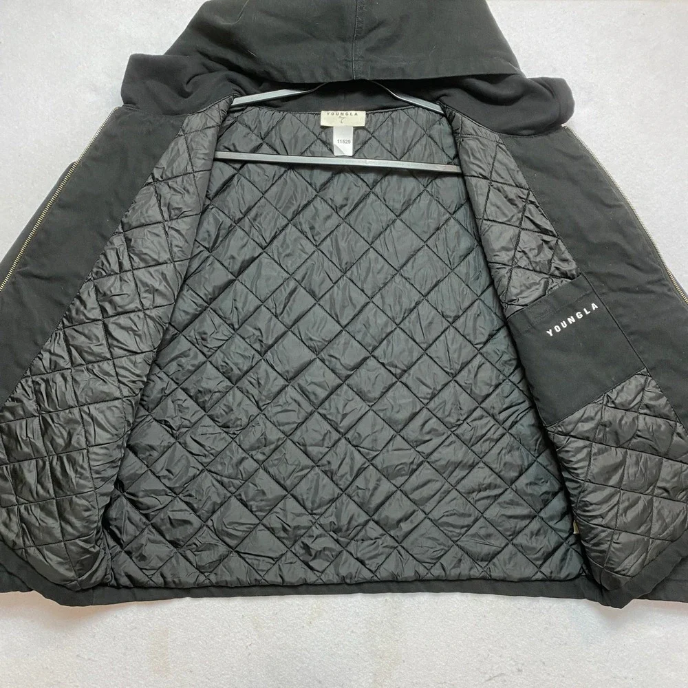 YoungLA Canvas Hooded Jacket Mens Large Black Quilted Lined Full Zip Workwear